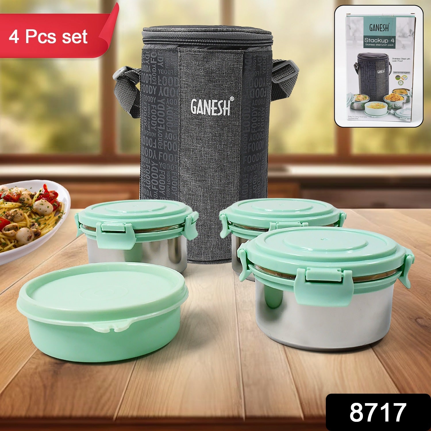 Ganesh 4In1 Tiffin Box-Lunch Box | 3 Stainless Steel Containers 300 Ml Approx & Plastic Salad Container 200 Ml Approx| Plastic lid Box | Round Zip Bag | Leak Proof | Microwave Safe for Office, College and School for Men, Women Ganesh 4In1 Tiffin Box-Lunch Box | 3 Stainless Steel Containers 300 Ml Approx & Plastic Salad Container 200 Ml Approx| Plastic lid Box | Round Zip Bag | Leak Proof | Microwave Safe for Office, College and School for Men, Women